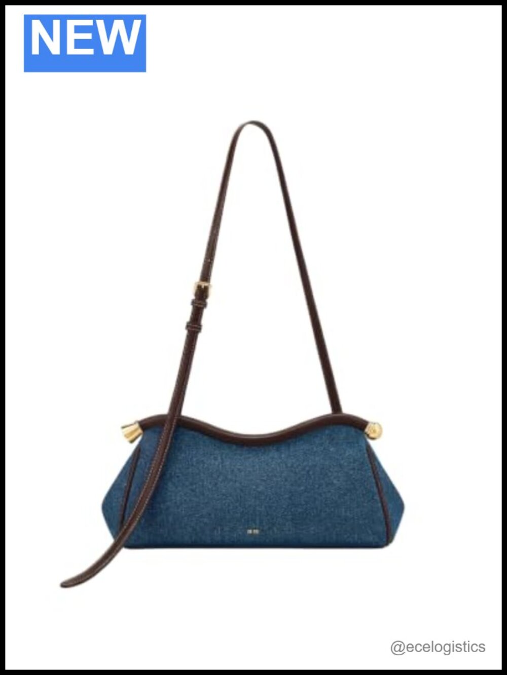 Denim Curved Shoulder Bag Satin Finish Gold Hardware Baguette Purse